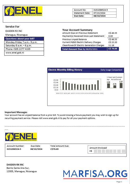 Downloadable Nicaragua Nicaraguan Electricity Company ENEL electricity business utility bill template in Word and PDF formats